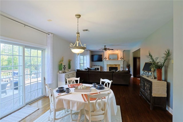 dining room with wood-type flooring, ceiling fan, and a healthy amount of sunlight