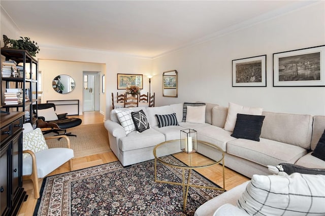 living room featuring crown molding and light hardwood / wood-style floors