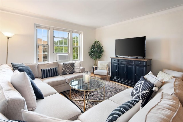 living room featuring wood-type flooring and crown molding