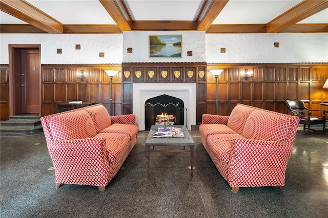 living room with beam ceiling