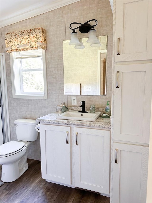 bathroom featuring vanity, toilet, wood-type flooring, and crown molding