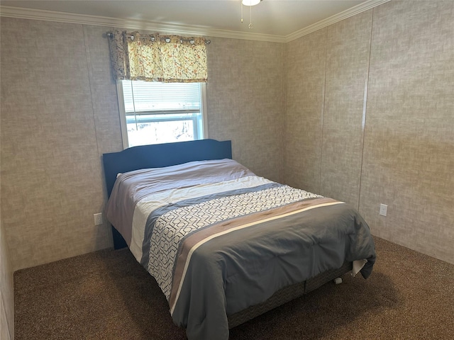 carpeted bedroom with ornamental molding