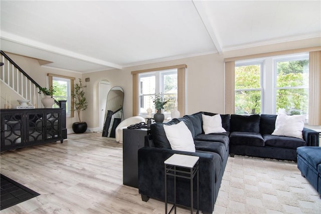 living room with beam ceiling, light wood-type flooring, plenty of natural light, and ornamental molding