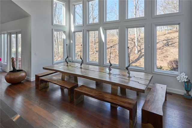 dining space with plenty of natural light, dark hardwood / wood-style flooring, and a high ceiling