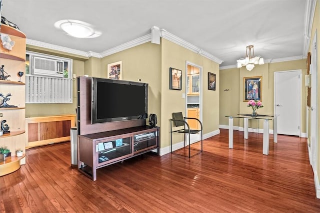 2575 Palisade Ave Unit 2G, Bronx, NY 10463 - living area with wood finished floors, a chandelier, crown molding, and baseboards
