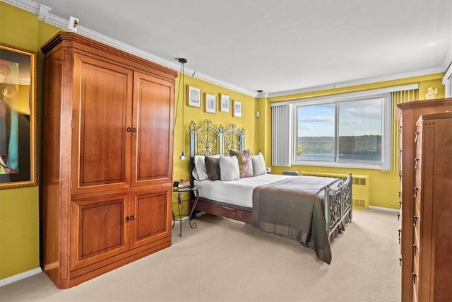 2575 Palisade Ave Unit 2G, Bronx, NY 10463 - bedroom with light carpet, radiator, baseboards, and crown molding