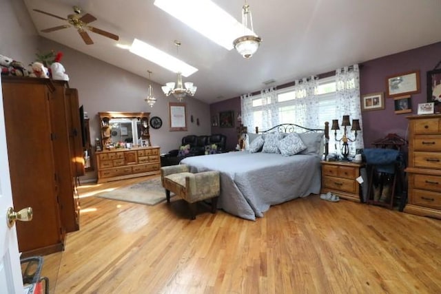 bedroom featuring lofted ceiling and light wood-type flooring