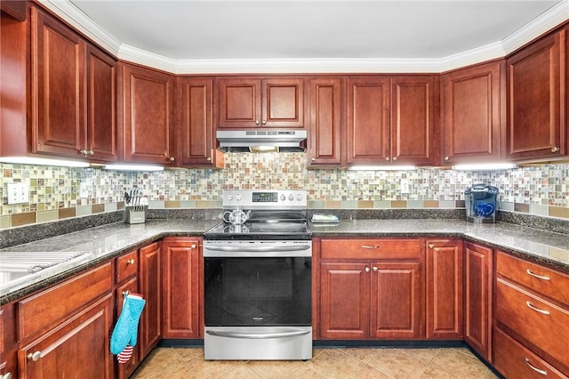 kitchen featuring decorative backsplash, electric range, dark stone counters, and crown molding