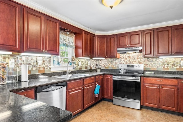 kitchen featuring appliances with stainless steel finishes, backsplash, dark stone counters, ornamental molding, and sink