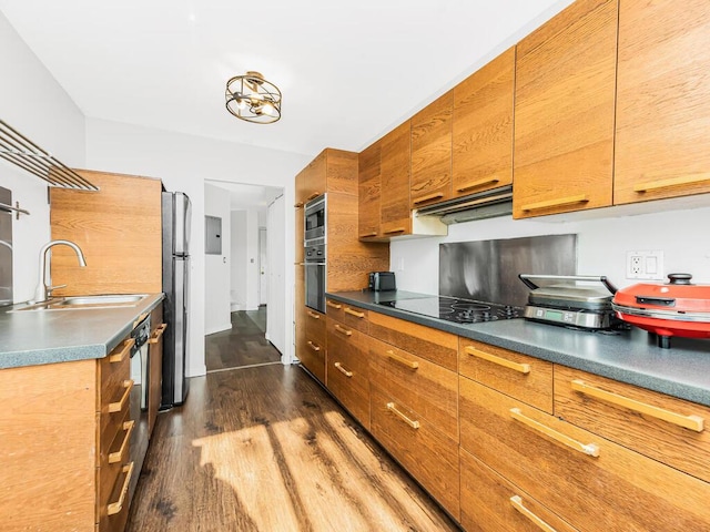 kitchen featuring appliances with stainless steel finishes, dark hardwood / wood-style flooring, electric panel, and sink