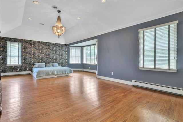 unfurnished bedroom with baseboard heating, a chandelier, wood-type flooring, and ornamental molding