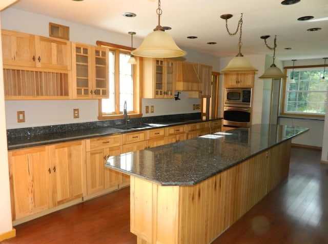 kitchen with pendant lighting, dark hardwood / wood-style flooring, a spacious island, and appliances with stainless steel finishes