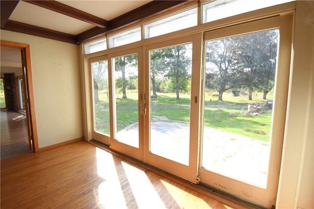 entryway with a wealth of natural light, crown molding, and wood-type flooring