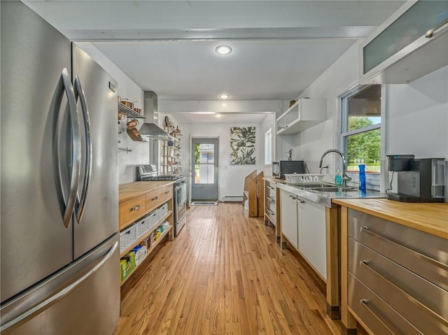 kitchen with white cabinets, stainless steel appliances, butcher block counters, and wall chimney range hood