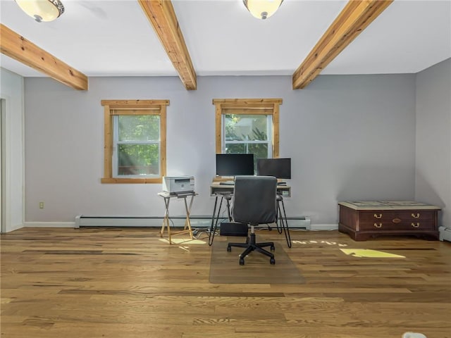 home office with beamed ceiling, hardwood / wood-style flooring, and baseboard heating