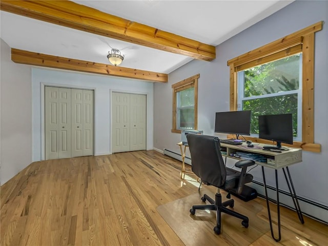 office area with beam ceiling, light hardwood / wood-style floors, and baseboard heating