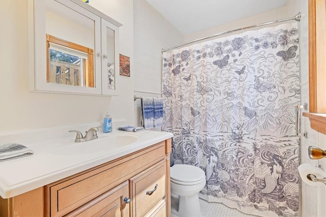 full bathroom featuring toilet, curtained shower, and vanity