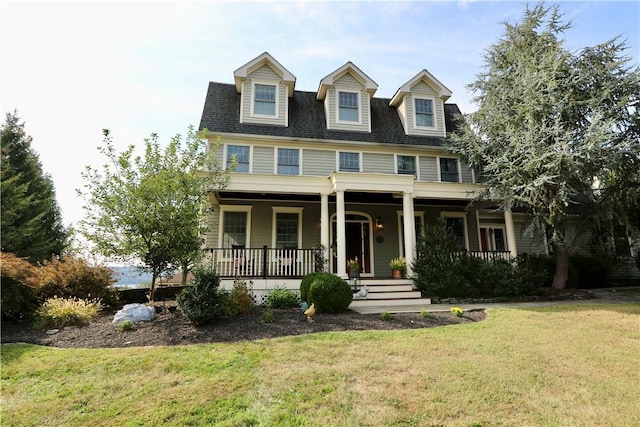 cape cod house featuring a front yard and a porch