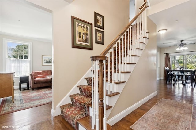 stairway with wood-type flooring and ceiling fan