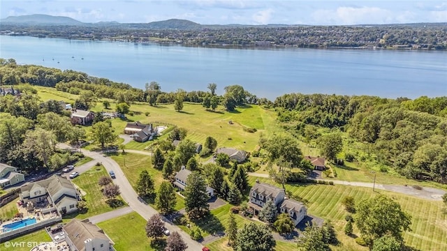 bird's eye view featuring a water and mountain view