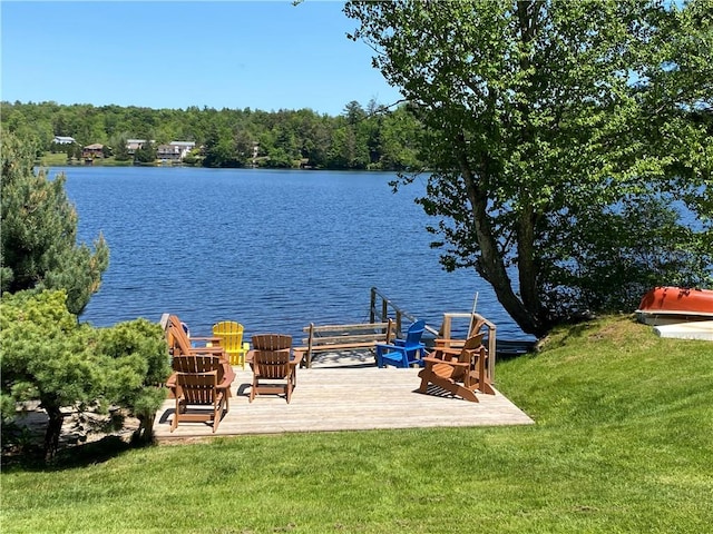 dock area with a water view and a yard