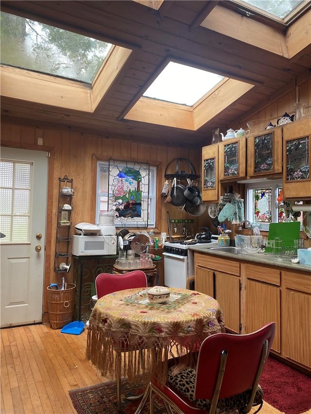 kitchen featuring wood walls, white appliances, a healthy amount of sunlight, and a skylight