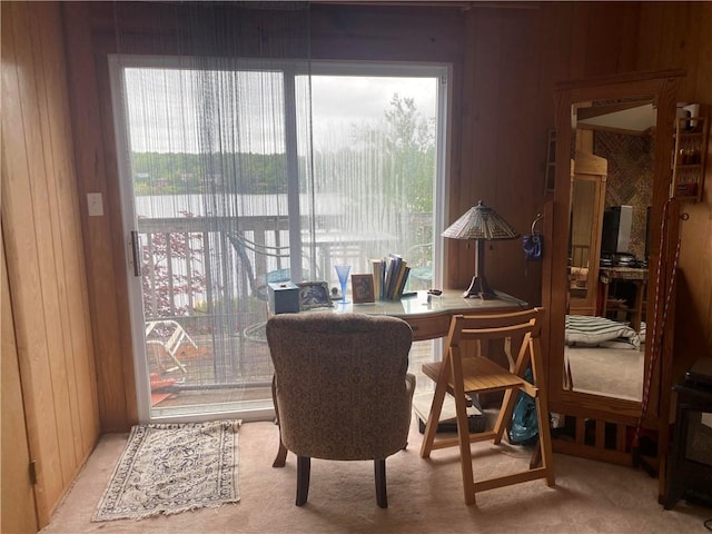 dining space with wood walls