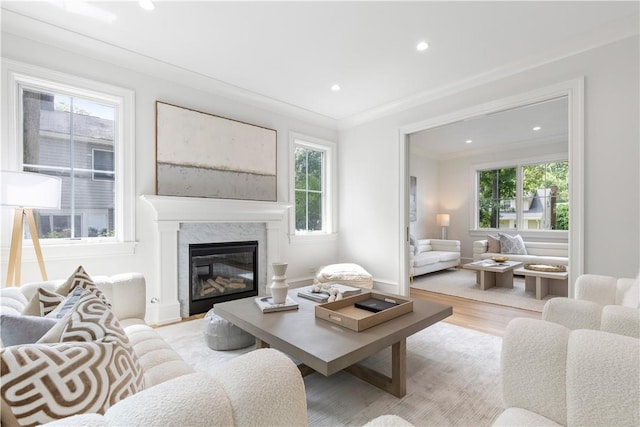 living room featuring a healthy amount of sunlight, light hardwood / wood-style floors, a fireplace, and ornamental molding