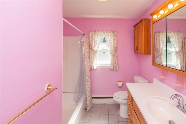 full bathroom featuring vanity, tile patterned floors, toilet, shower / tub combo with curtain, and a baseboard radiator