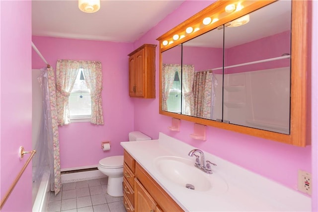 full bathroom featuring tile patterned floors, vanity, a baseboard heating unit, shower / bathtub combination with curtain, and toilet