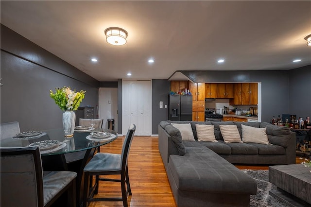 living room with light wood-type flooring and sink