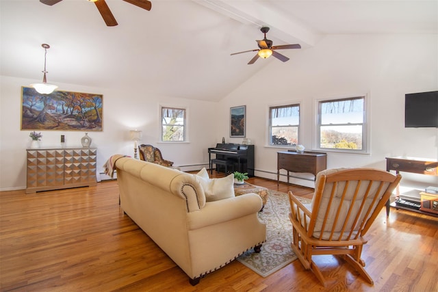 living room with vaulted ceiling with beams, light wood finished floors, and a baseboard heating unit