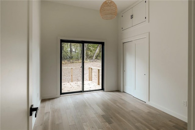 unfurnished bedroom with light wood-type flooring and a closet