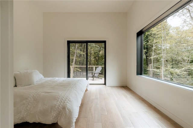 bedroom with access to exterior, light hardwood / wood-style floors, and multiple windows