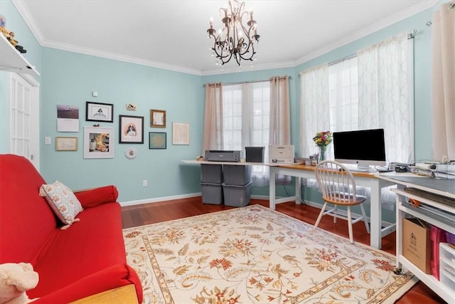 home office featuring crown molding, an inviting chandelier, and hardwood / wood-style flooring