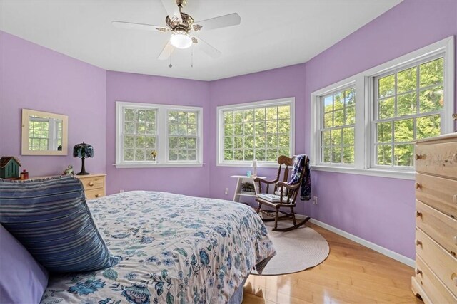 bedroom with ceiling fan and light hardwood / wood-style floors