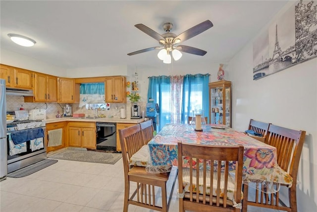 kitchen featuring backsplash, ceiling fan, electric stove, dishwasher, and light tile patterned flooring