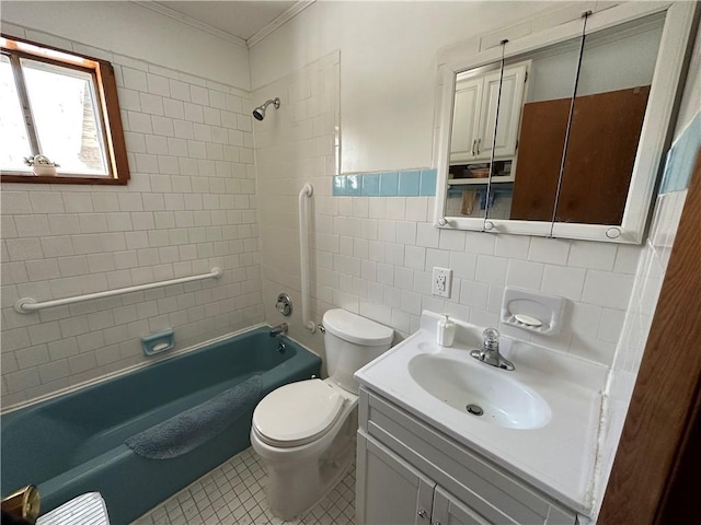 full bathroom featuring tiled shower / bath combo, tile patterned flooring, toilet, vanity, and tile walls