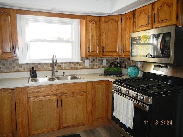 kitchen with wood-type flooring, sink, appliances with stainless steel finishes, and tasteful backsplash