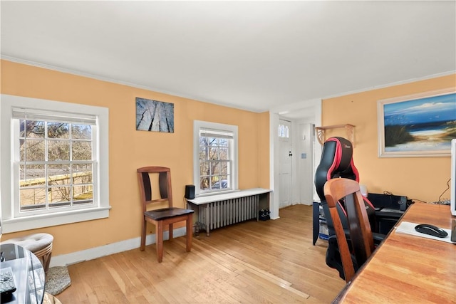 home office featuring radiator heating unit, light wood-type flooring, and crown molding