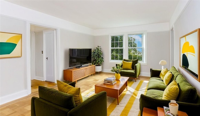 living room featuring light parquet flooring