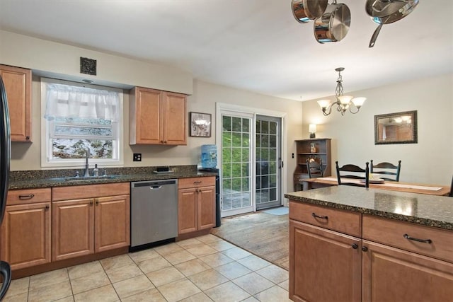 kitchen featuring dishwasher, a wealth of natural light, sink, and hanging light fixtures