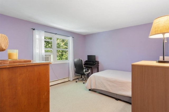 bedroom with baseboard heating, light carpet, and cooling unit