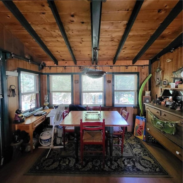 dining area with hardwood / wood-style floors, beam ceiling, wooden ceiling, and wood walls