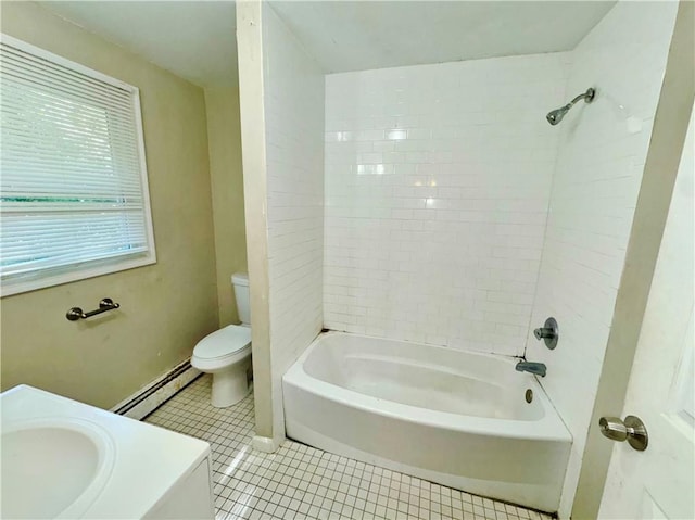 full bathroom featuring tile patterned floors, vanity, a baseboard radiator, toilet, and tiled shower / bath