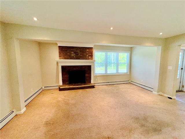 unfurnished living room featuring light colored carpet, a brick fireplace, and baseboard heating