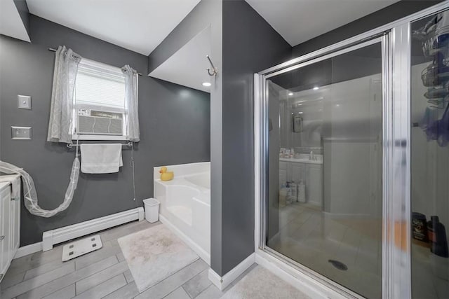 bathroom with separate shower and tub, wood-type flooring, and cooling unit