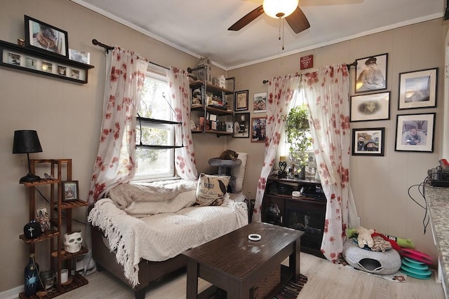 living area with ceiling fan and light hardwood / wood-style flooring