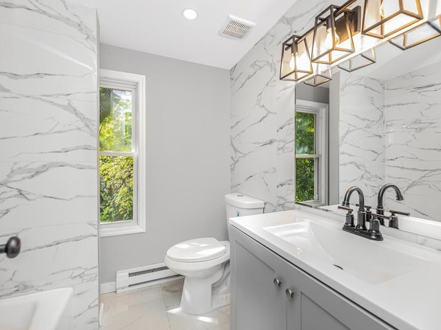 bathroom featuring plenty of natural light, toilet, vanity, and a baseboard heating unit