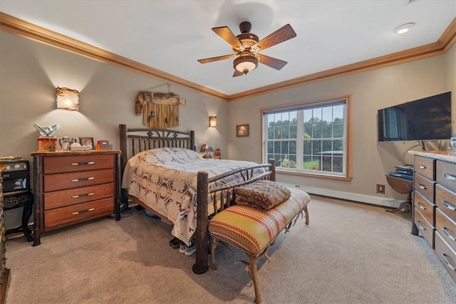 bedroom with ceiling fan, light colored carpet, a baseboard radiator, and ornamental molding